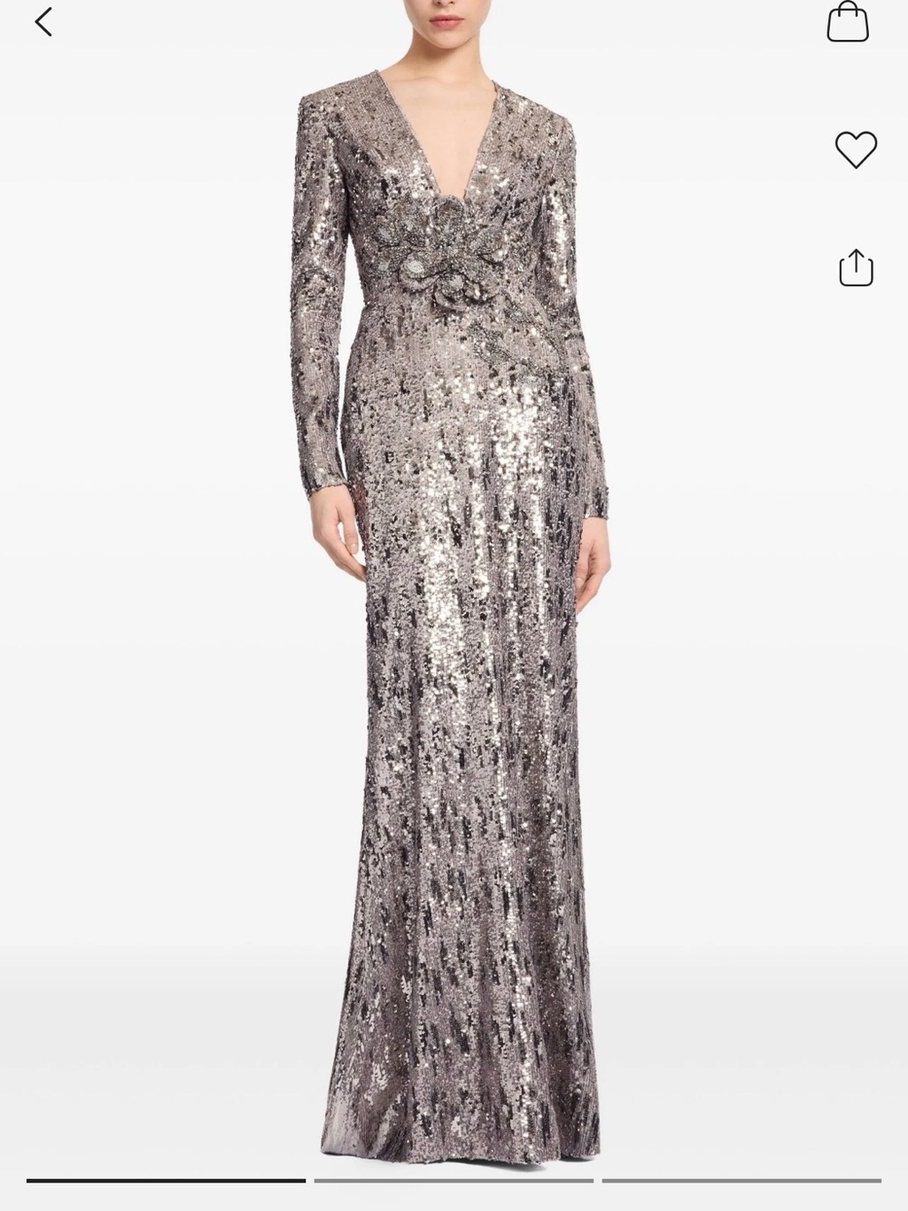 Elie Saab Silver Sequin V-Neck Maxi Dress with Floral Waist Detail